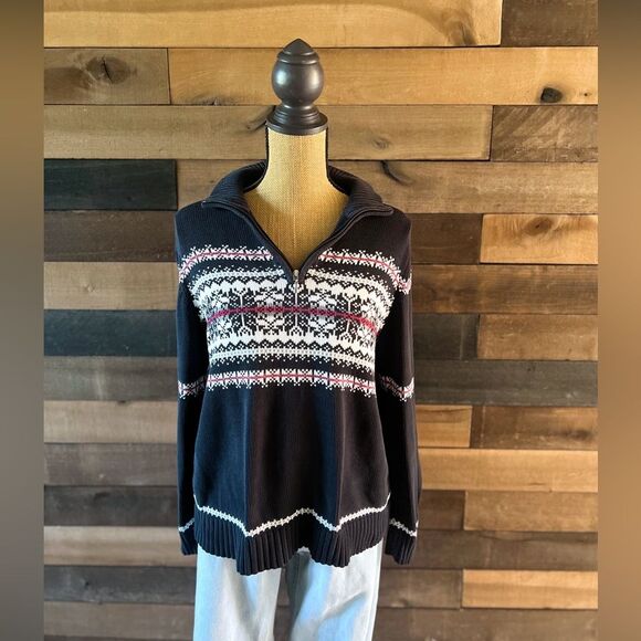 Vintage Croft & Borrow Snowflake Knit 1/4 Zip Black & Maroon Sweater Size Large - Picture 1 of 8